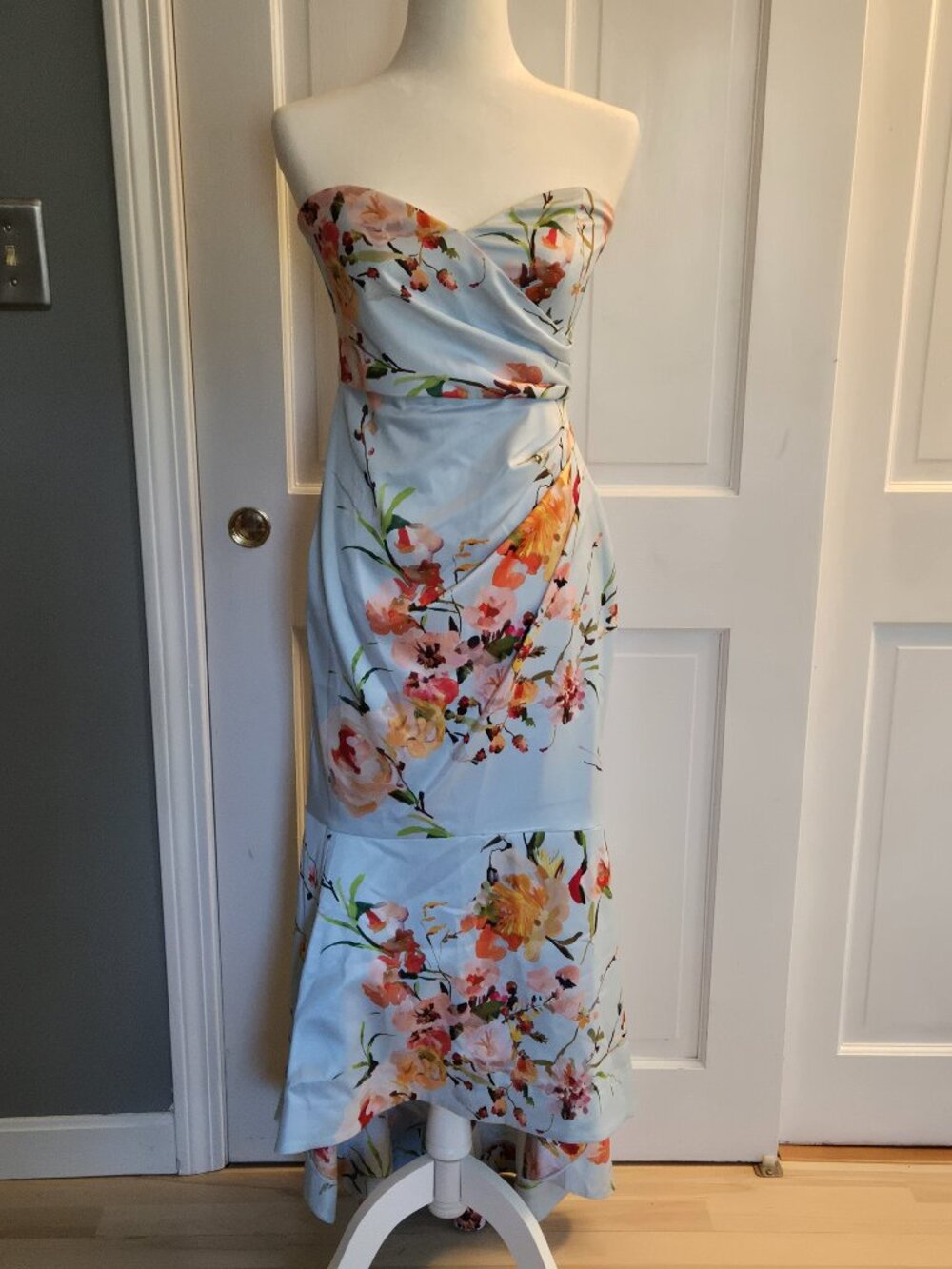 Strapless Floral High-Low Dress in Sky Blue